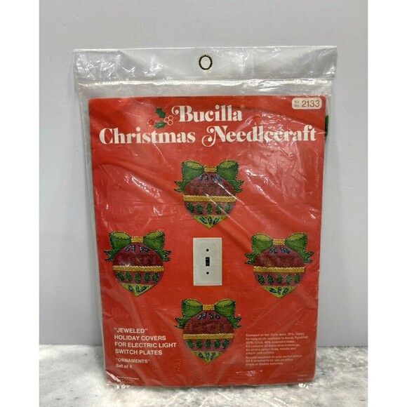 Vtg Bucilla 2133 Needlepoint Jeweled Switch Plate Cover Christmas Ornaments Wool